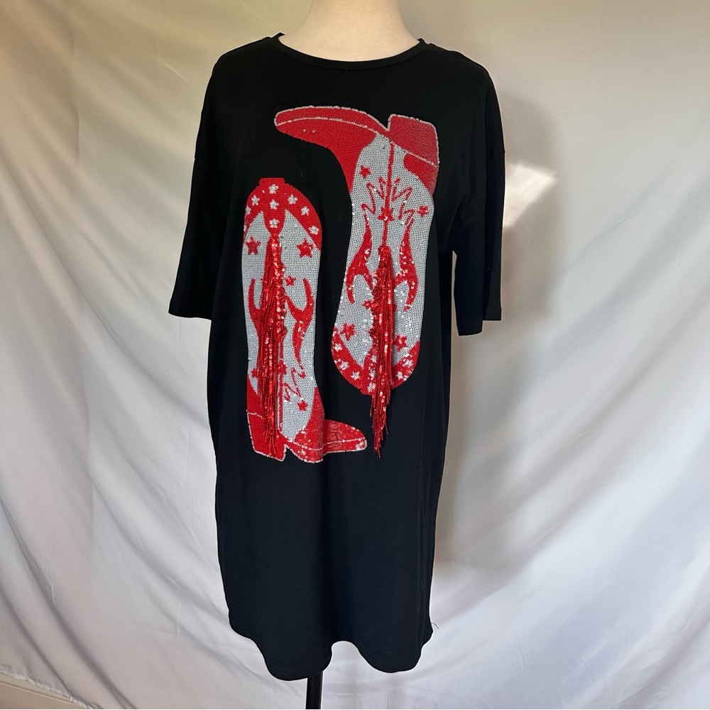 Cotton Sequin Fringe Western Cowboy Boots Graphic Tshirt Dress
